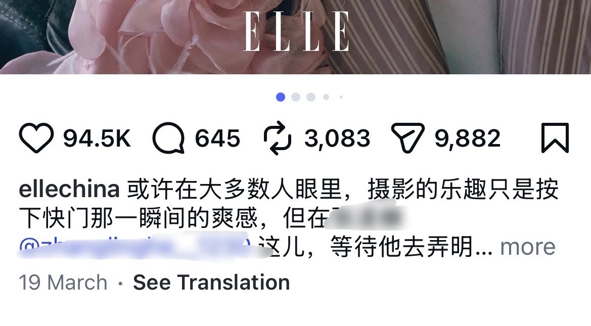 田栩宁 ellechina的Instagram账号目前点赞最高的是另外一位中国艺