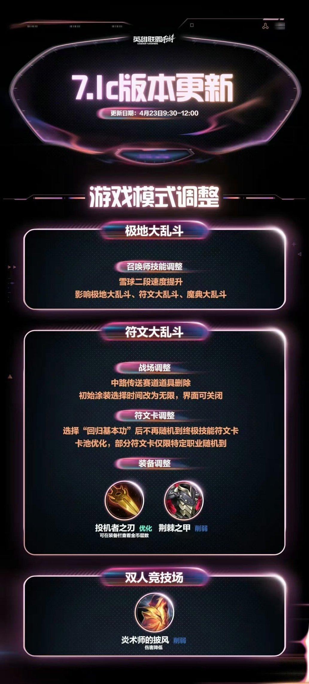 lol手游全速竞逐 7.1c版本更新及娱乐模式调整公告！版本更新日期：4月23日