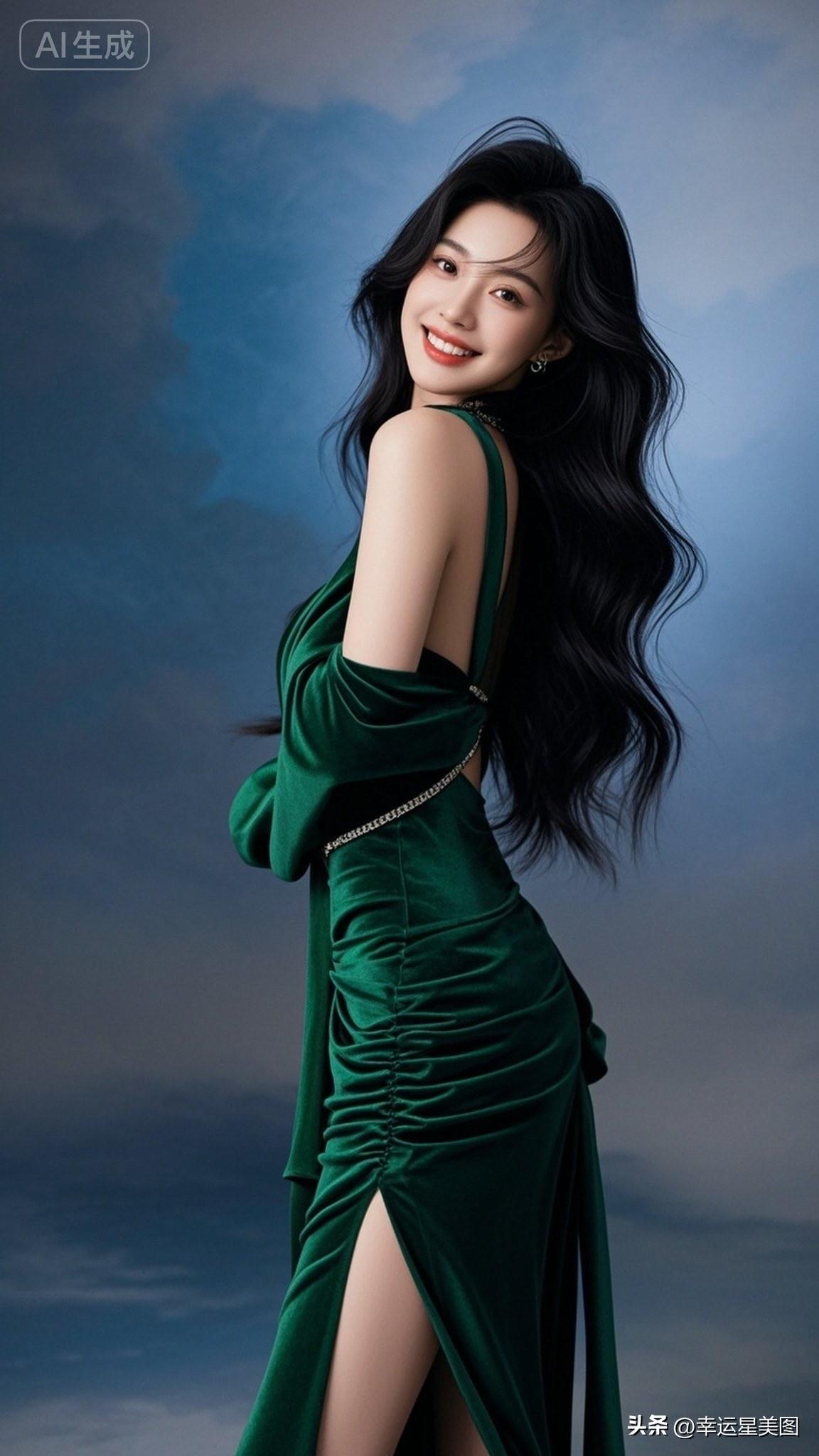 元气少女，甜美笑容，黑发飘逸，绿色连衣裙，AI生成美图