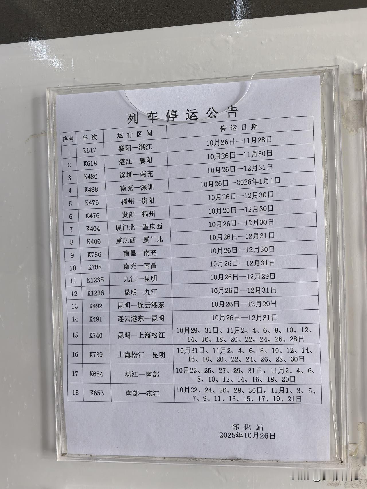 怀化火车站最新列车停运情况。网传的K617/8次列车10月29日恢复运行又暂停了