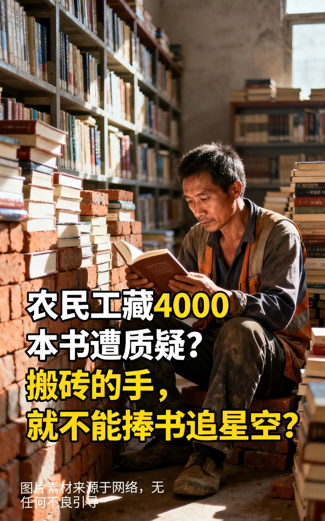 农民工藏4000本书遭质疑？搬砖的手，就不能捧书追星空？
 
初中没毕业的农民工