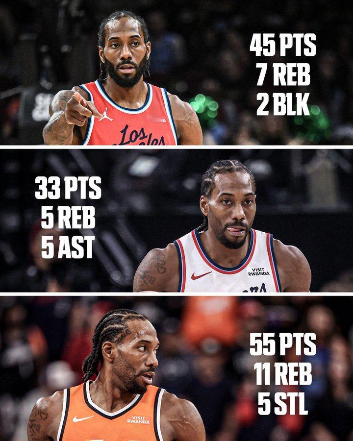 战神卡上线快船六连胜伦纳德45分 小卡最近三场比赛数据——45分7篮板3助攻2抢