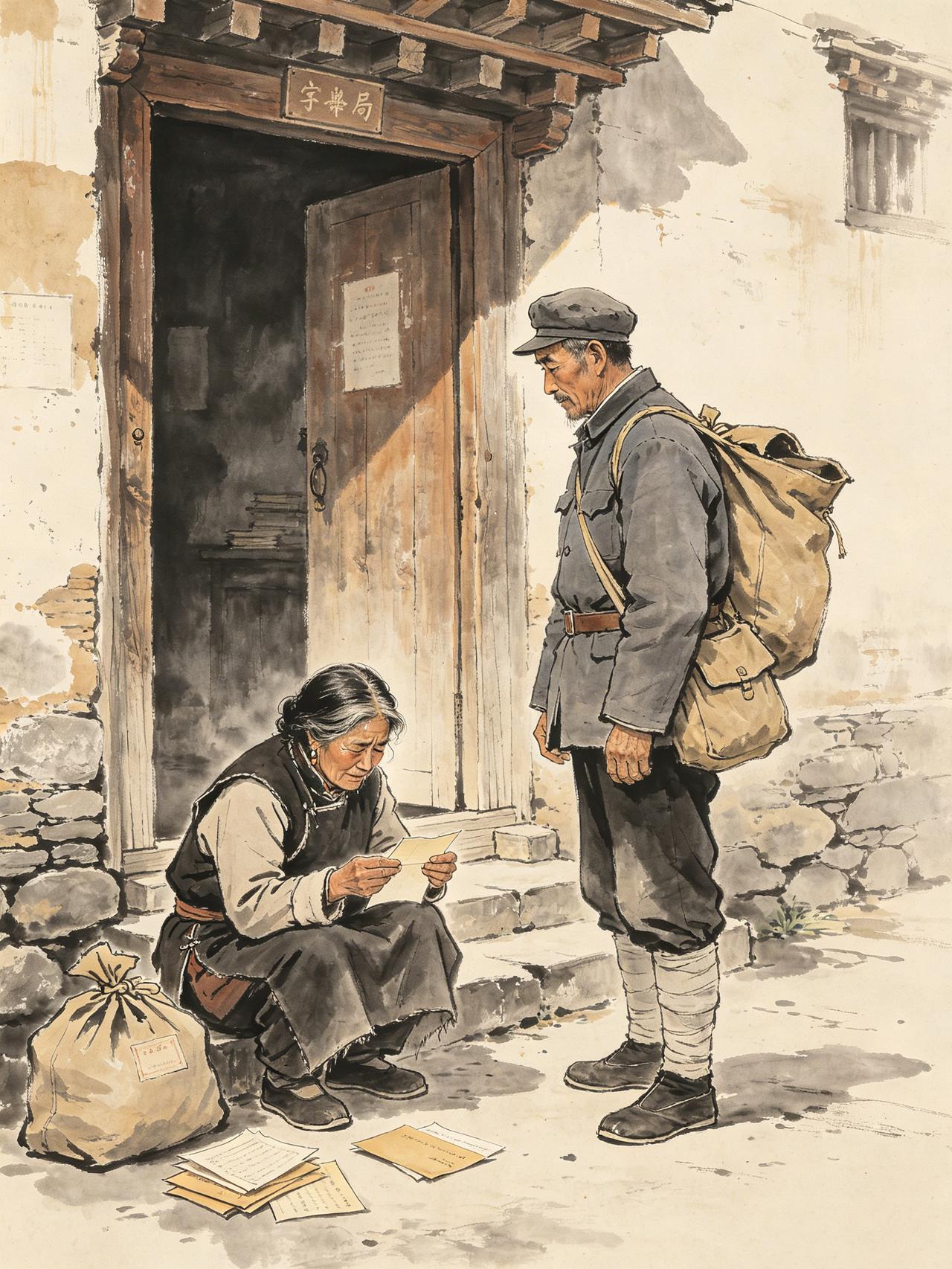 他一生只送一封信。

1935年冬天，川西高原上下着大雪。一个邮差背着油布包，死