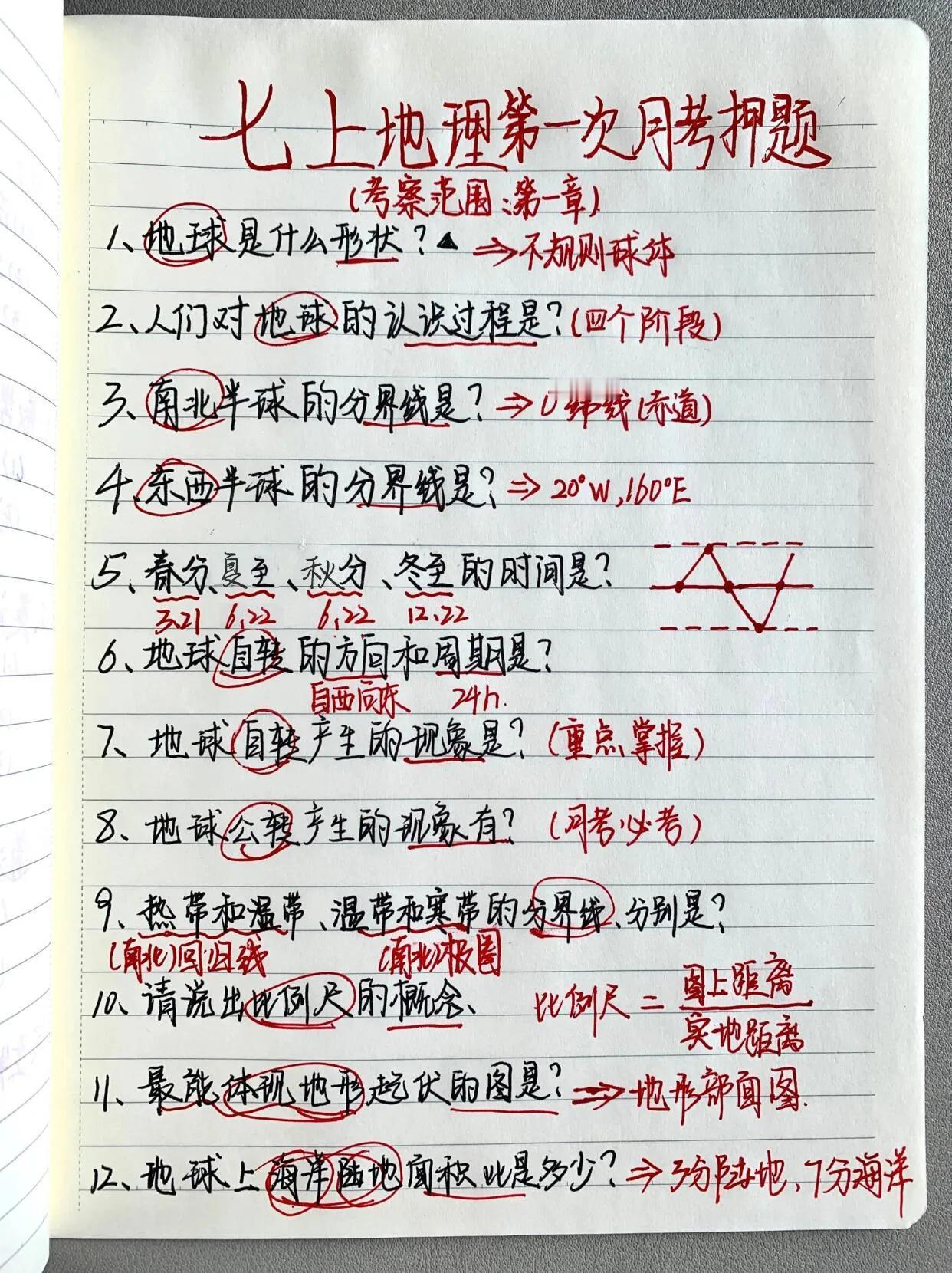 初一地理第一次月考押题，考题必从这里出！