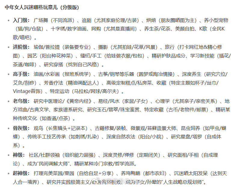 看到一张中年男人沉迷哪些玩意儿的分级图片，我又让AI生成了一份中年女人沉迷哪些玩