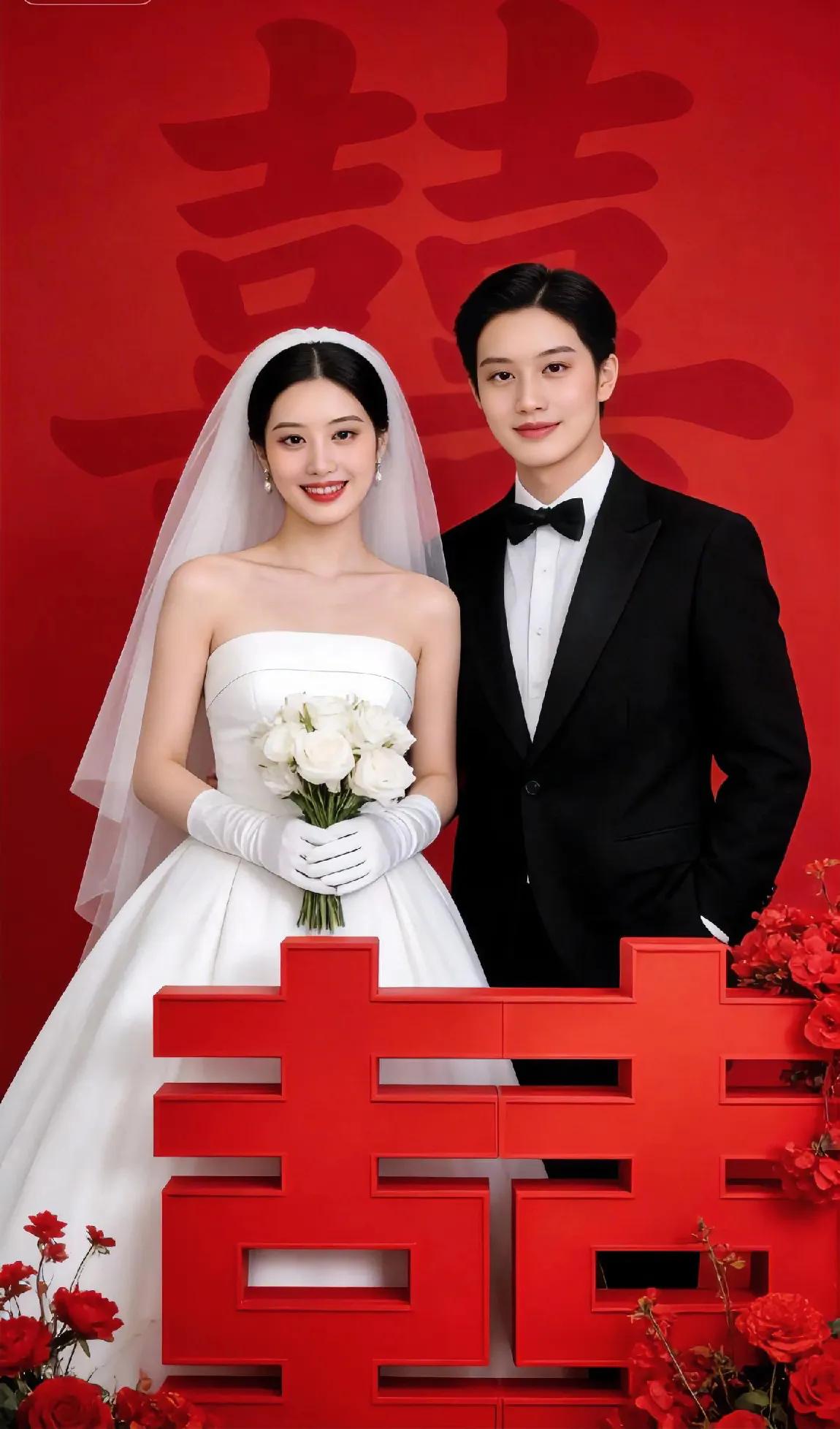 这张红底喜嫁风婚纱照太有氛围感啦！红色背景衬得满心欢喜，大大的“囍”字透着热闹喜