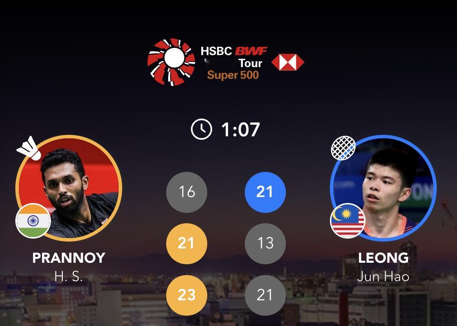 普兰诺伊🇮🇳 16-21、21-13、23-21 🇲🇾梁峻豪法汉🇮🇩