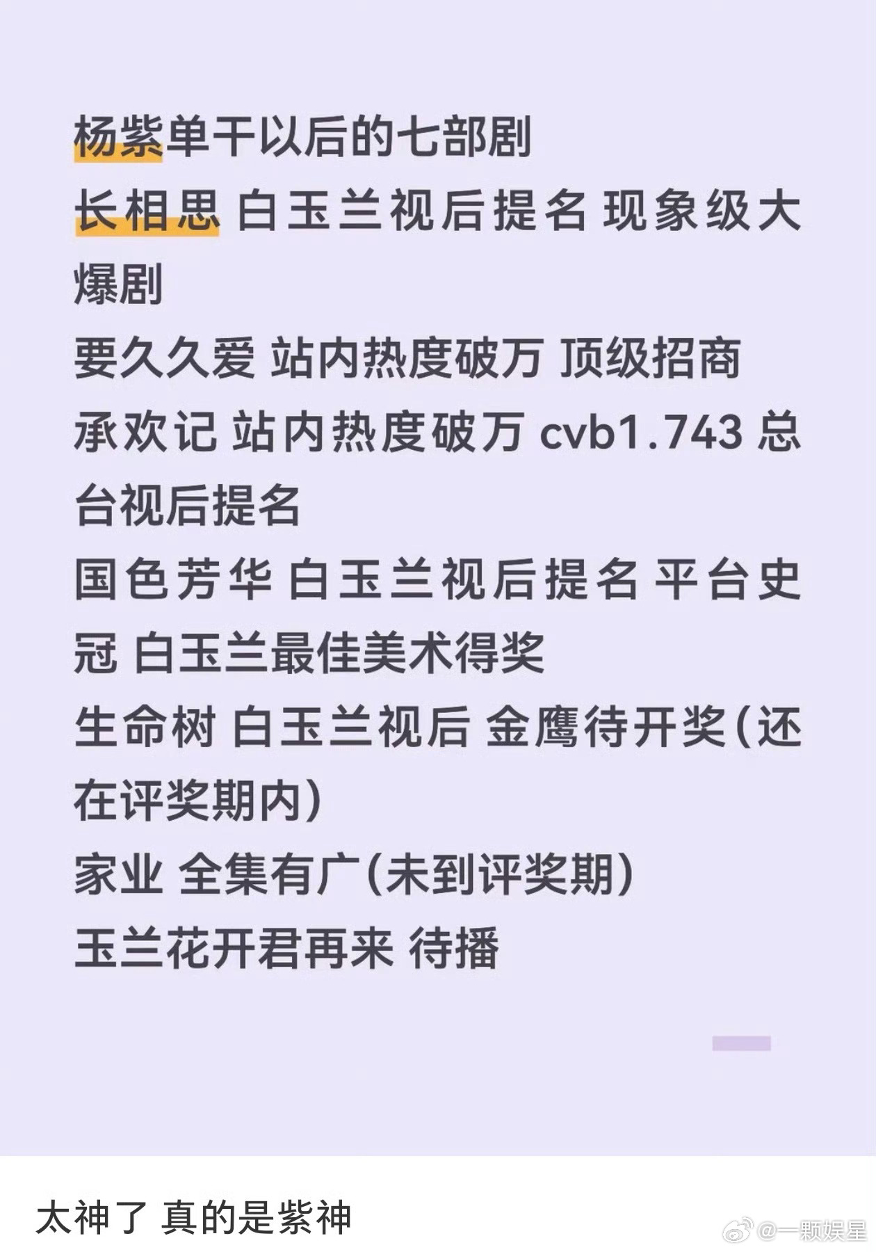 杨紫单干后七部剧实绩， 收视奖项招商全面开花，一步一个脚印，每一部都有回响[么么