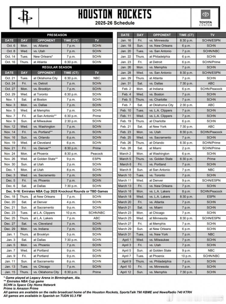 2025-26 赛季前 34 场比赛中，火箭队将有 22 场在客场进行。但赛季结
