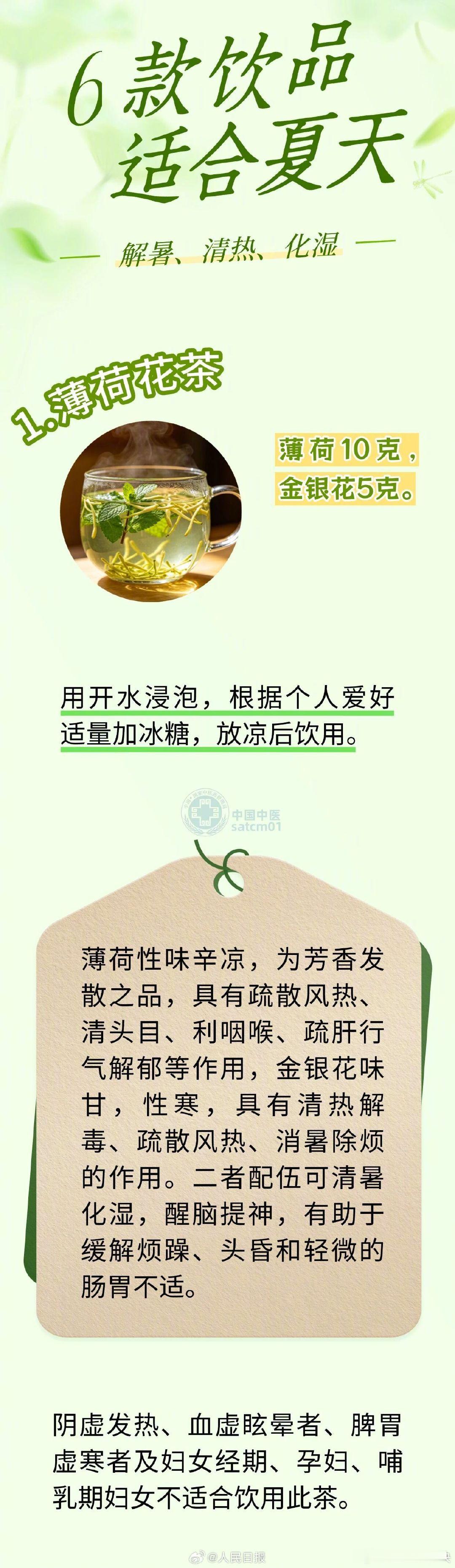 【转给养生的TA！6种适合夏天的饮品】薄荷花茶、菊花麦冬饮、洋参竹叶汤、扁豆绿豆