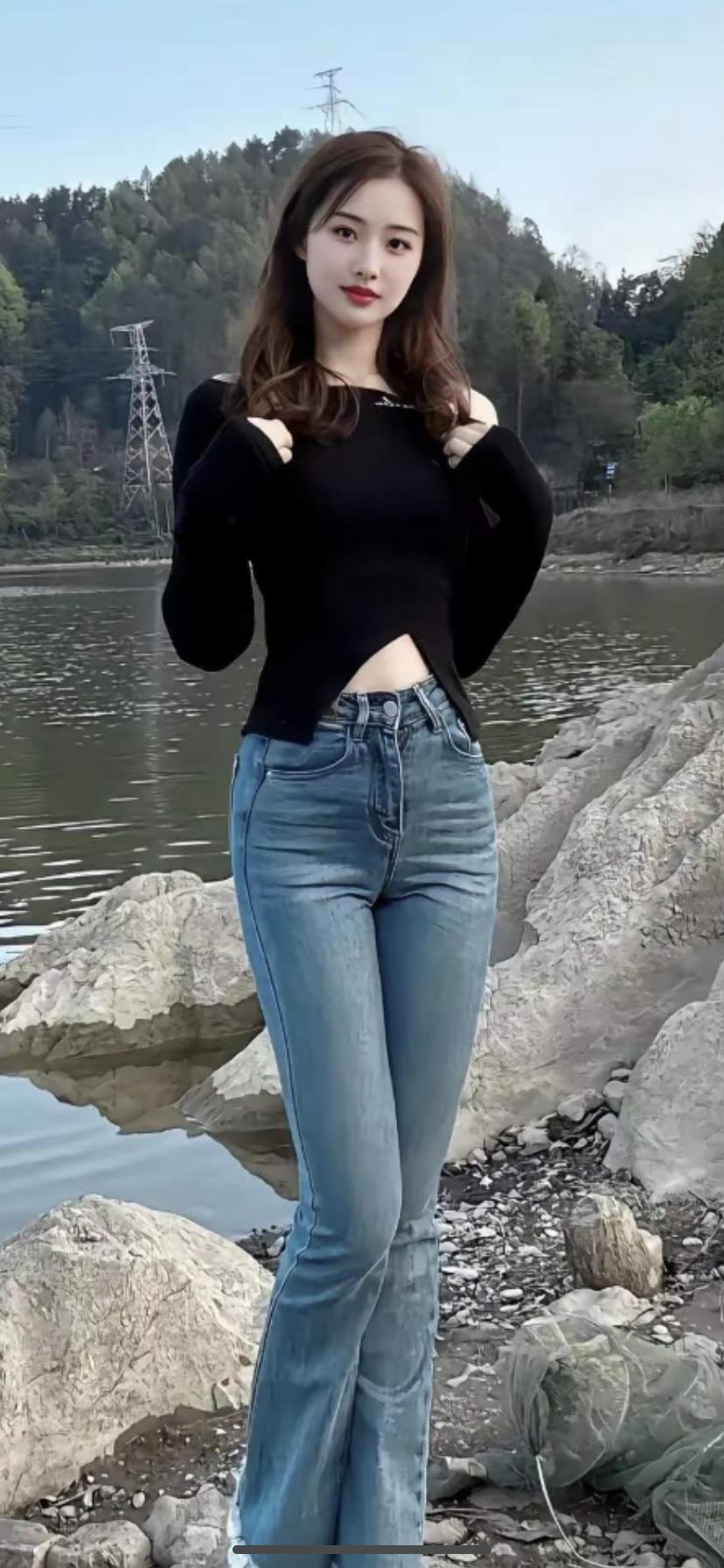 湖畔佳人立，风姿似画卷。