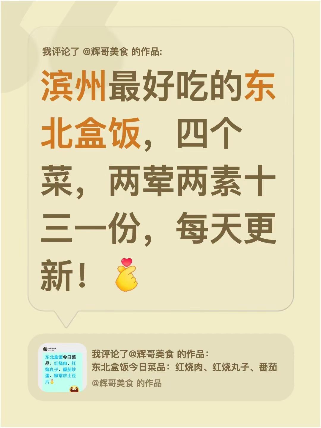 我评论了@辉哥美食 的作品：滨州最好吃的东北盒饭，四个菜，两荤两素十三一份，每天