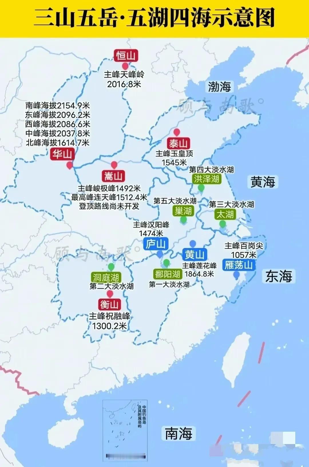 三山五岳•五湖四海示意图：

三山： 庐山、黄山、雁荡山。
五岳： 华山、恒山、