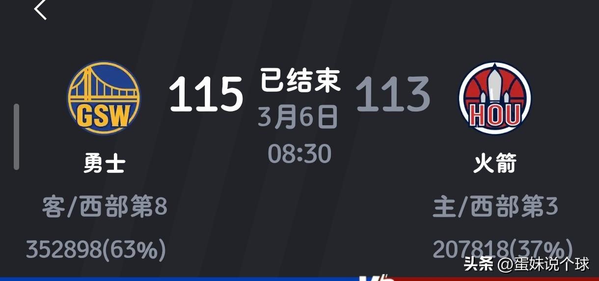 今天NBA比赛再次爆出“大冷门”，“老弱残兵”的勇士战胜了本赛季夺冠大热门火箭队