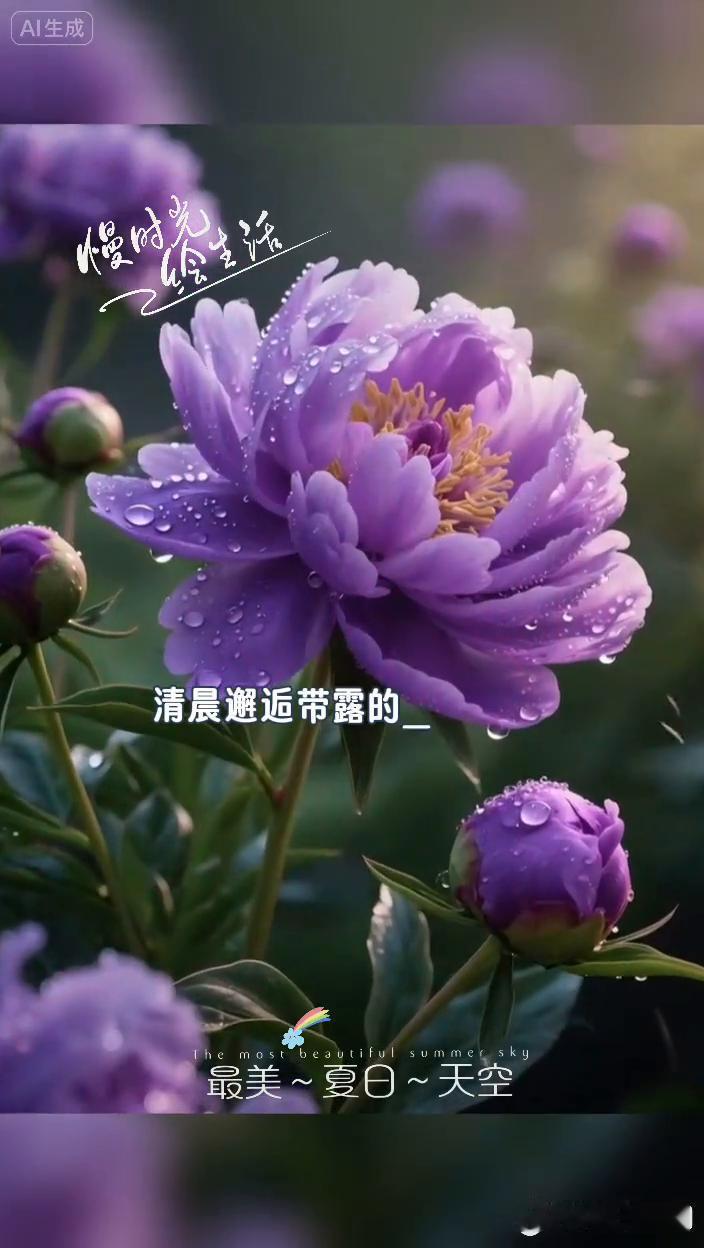 一绘生活。
最美夏日天空，清晨邂逅带露的紫牡丹，宛如邂逅一场梦幻生活的小美好，就