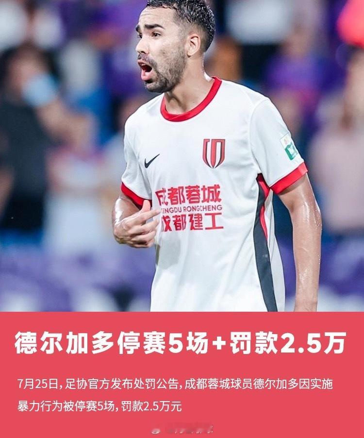 肘击对手头部！官方：蓉城球员德尔加多实施暴力行为，停赛5场＋罚款2.5万元成都蓉