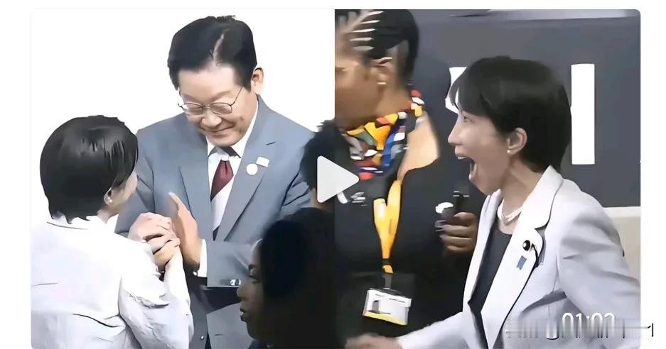 高氏早苗看到韩国总统李在明惊讶的张大了大嘴巴，给他激动坏了。但是李在明好像没有看