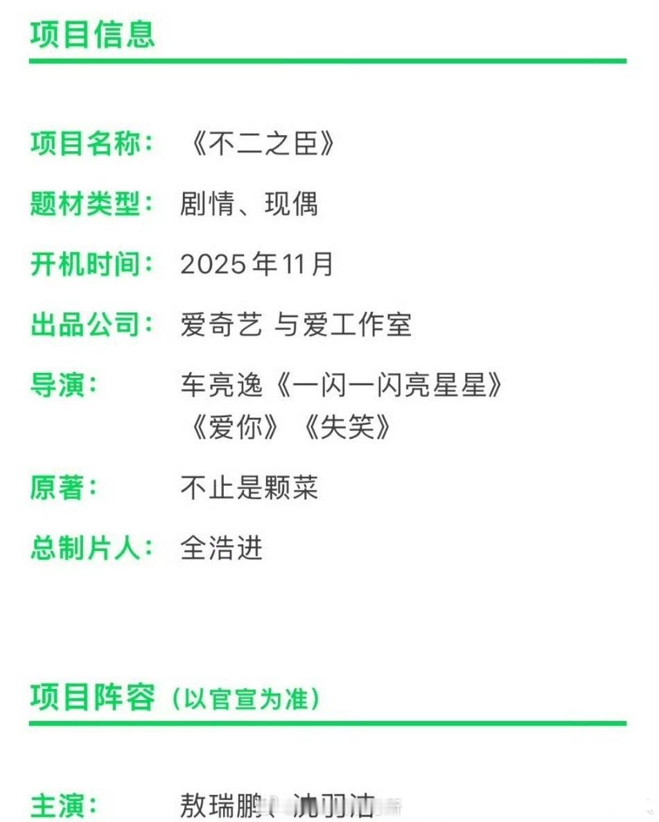 爱奇艺出品电视剧《不二之臣》筹备组讯敖瑞鹏、沈羽洁主演导演：车亮逸（《一闪一闪亮
