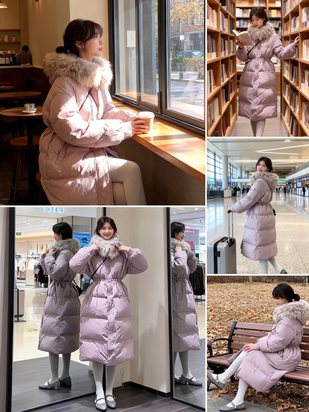 浅粉毛绒领羽绒服也太懂冬日浪漫了吧！
腰带收腰显瘦不臃肿，袖口毛绒软乎乎超暖～