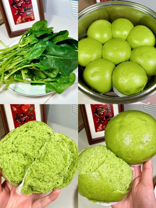 把菠菜揉进馒头里|一次发酵，不褪色