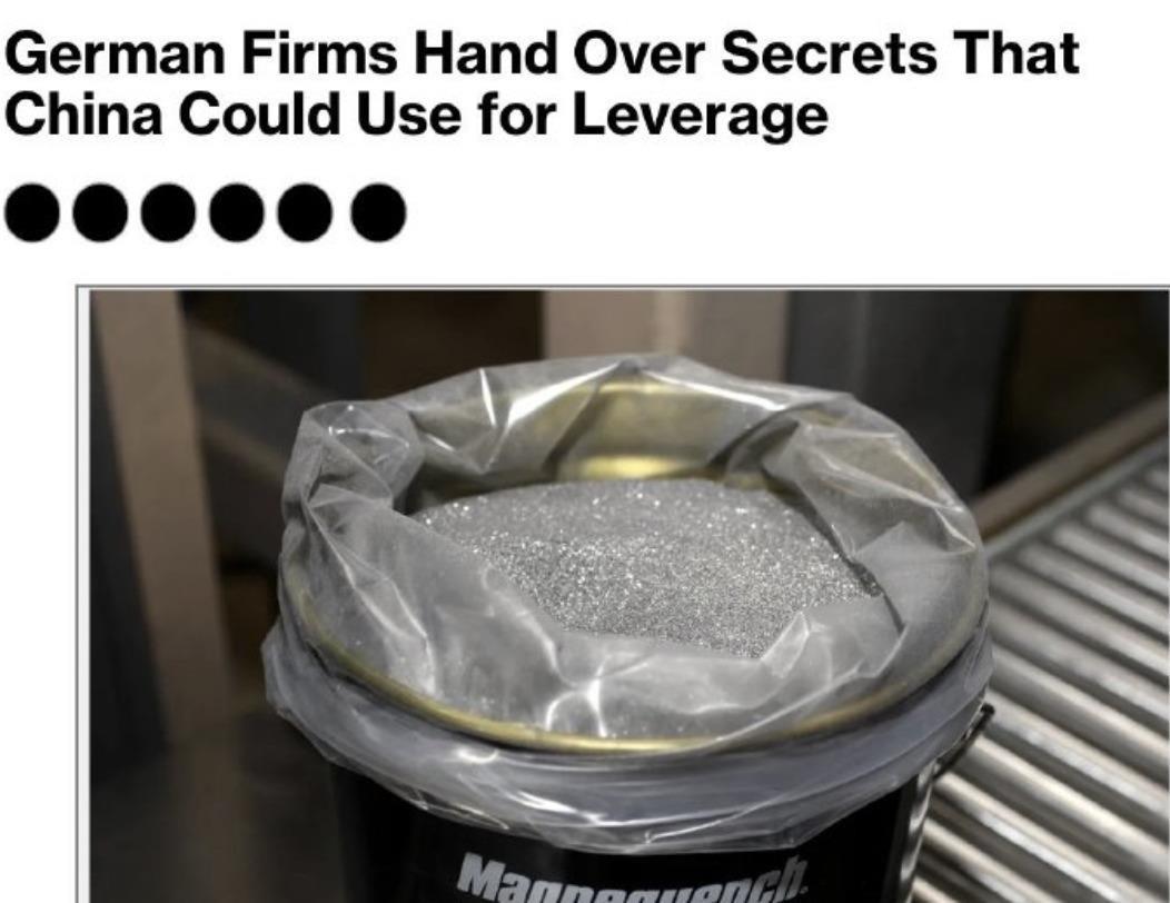 “彭博社：中国现要求德国企业在获批稀土出口前，须先交出敏感工业数据——包括设计图