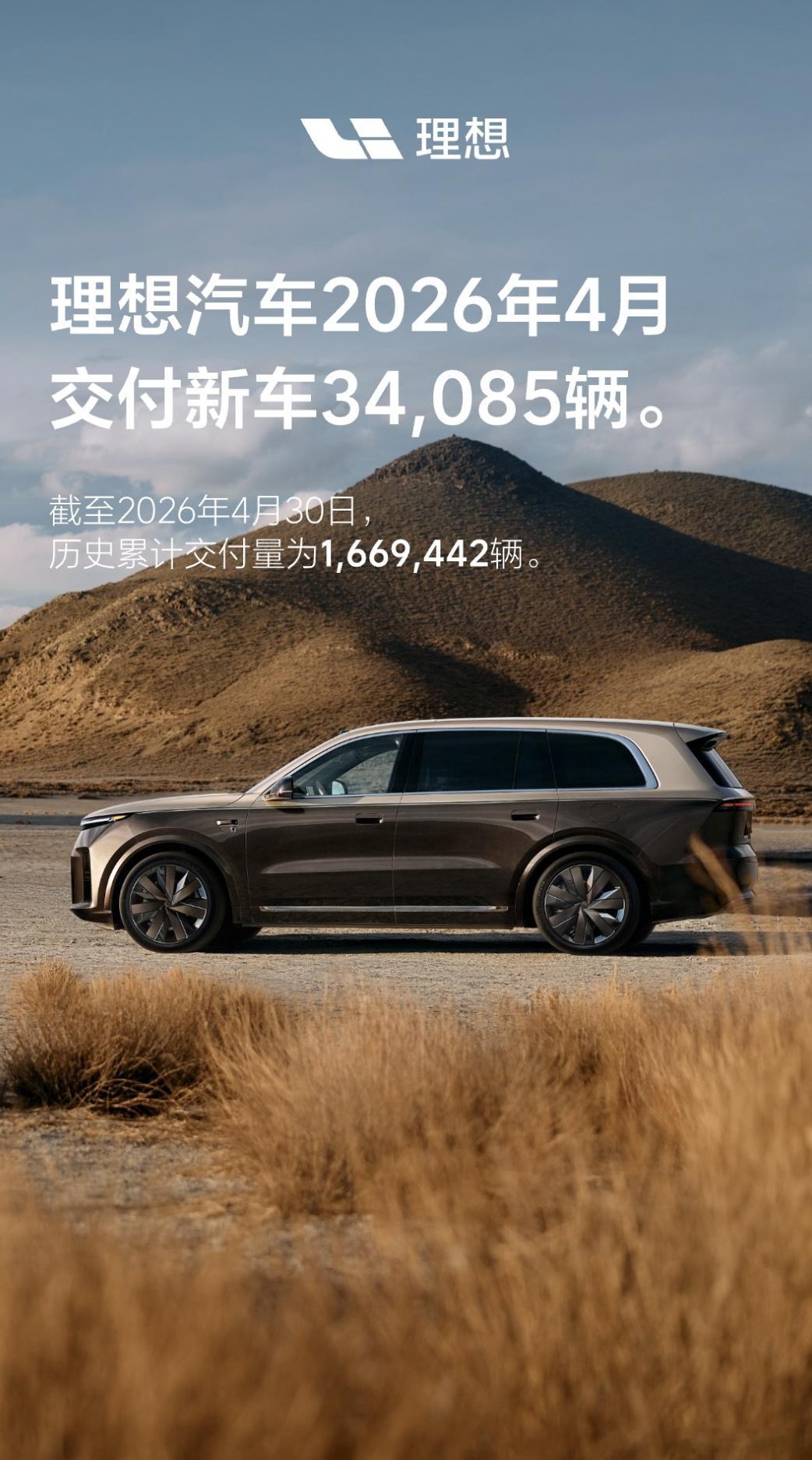 理想汽车4月交付34085辆，现在i6应该是主力，看接下来的全新L9表现如何了。