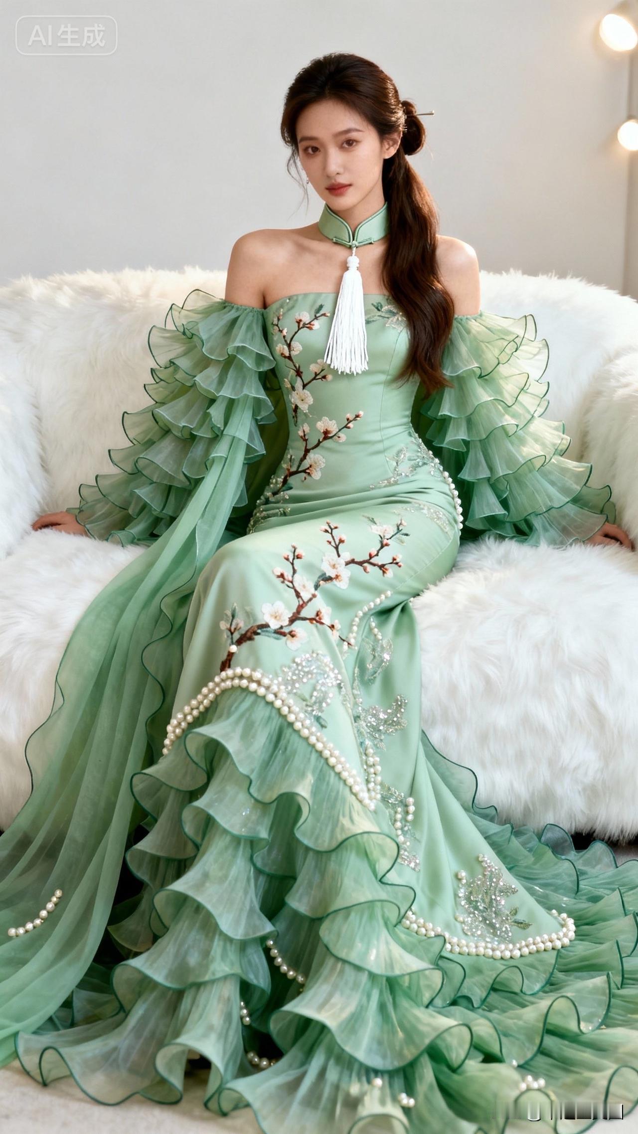 梦幻绿裙，优雅气质，宛如仙子降临