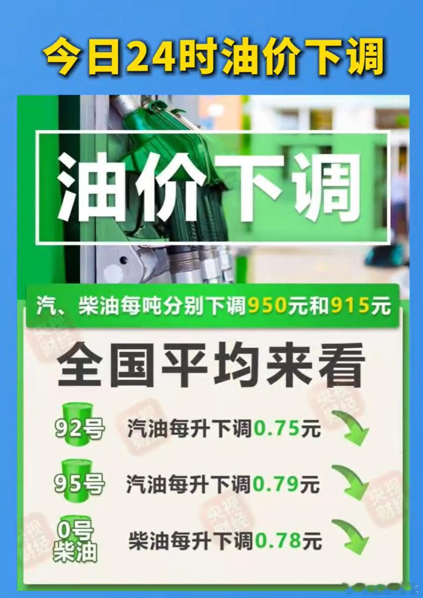油价今日24时起将下调油价刷新年内最大降幅 92号每升降0.75元，加满一箱直接