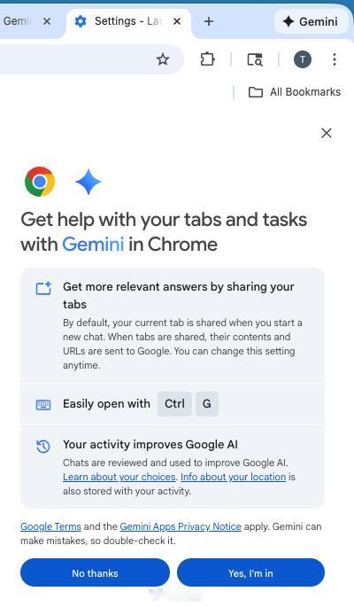给想用 Gemini in Chrome 的朋友提个醒，mac 版 Chrome