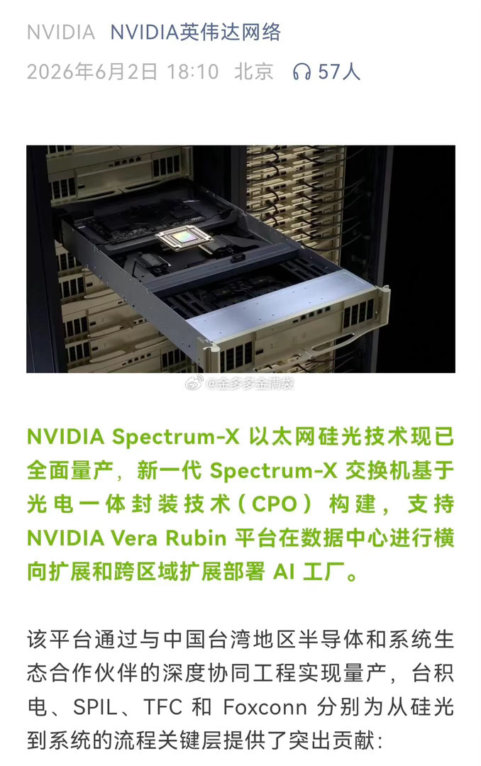 官宣：英伟达Sp­e­c­t­r­um-X以太网硅光技术现已全面量产，新一代 S