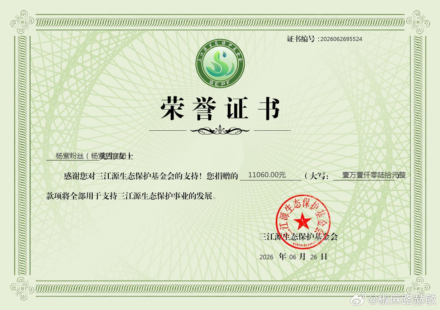 杨紫粉丝为三江源捐款11060元杨紫白玉兰视后杨紫获得白玉兰视后，如此有爱的行为