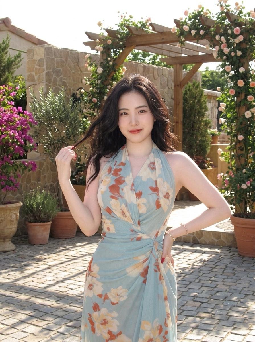 夏日花园中的优雅少女，花裙飘飘，笑靥如花。