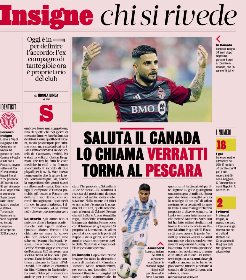 因西涅重回佩斯卡拉，源自维拉蒂的一通电话…真好 