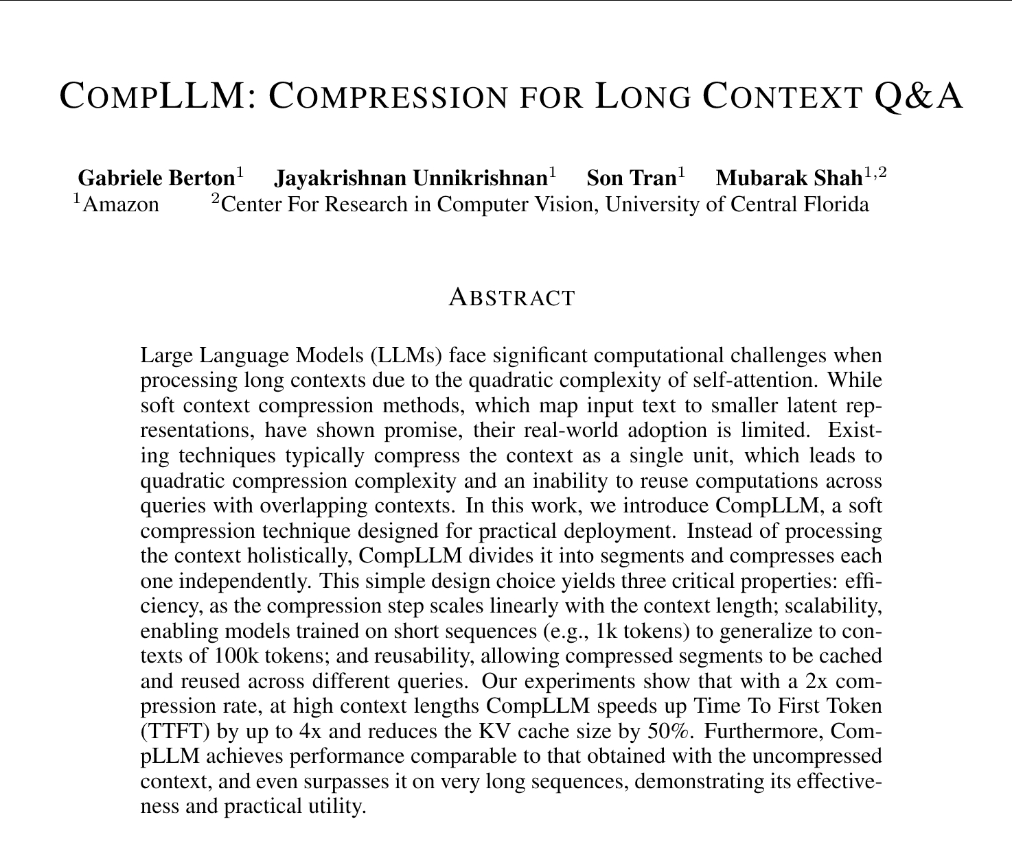 Amazon提出了一项大模型优化技术：CompLLM arxiv.org/abs