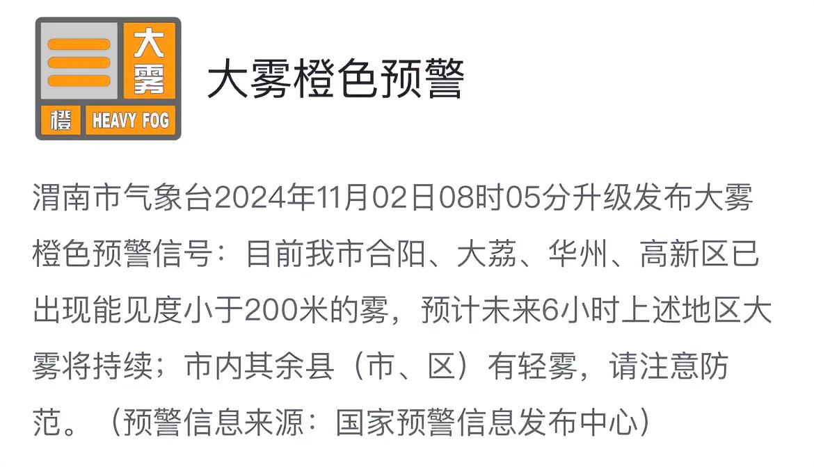 #天气预警# 渭南市气象台升级发布大雾橙色预警信号，请注意防范。#渭南天气#