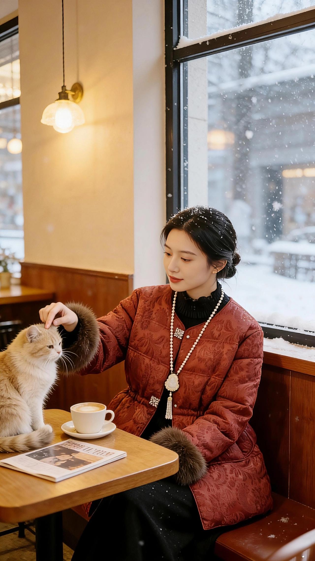 《雪檐暖调》
 
雪是轻的，落在咖啡馆的窗沿时，只在玻璃上晕开几星白。她裹着那件
