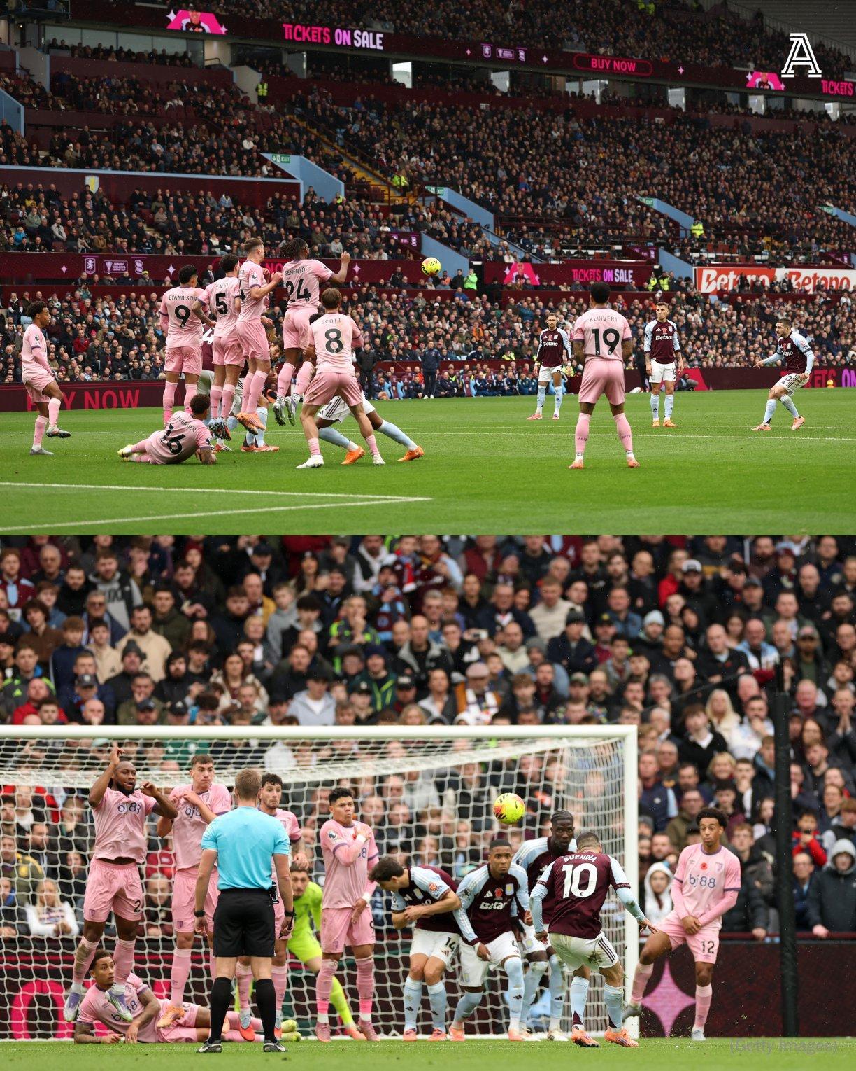 【上校回来了】英超第11轮，维拉主场4-0击败伯恩茅斯，布恩迪亚一脚落叶任意球为