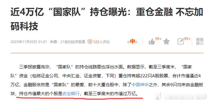 近4万亿国家队持仓最大的是农业银行，走势果然不一样我很好奇他们的子弹是不是无限的