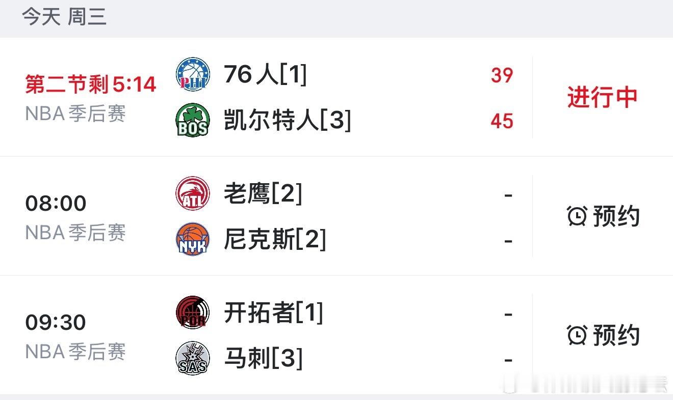 今日NBA季后赛，三场比赛进行中76人vs凯尔特人，老鹰vs尼克斯，开拓者vs马