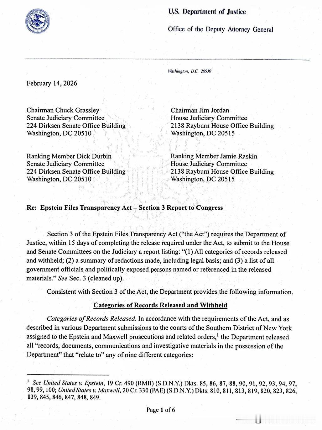 独家新闻：司法部已向国会发送了一封信，概述了对爱泼斯坦档案进行编辑的原因。

这