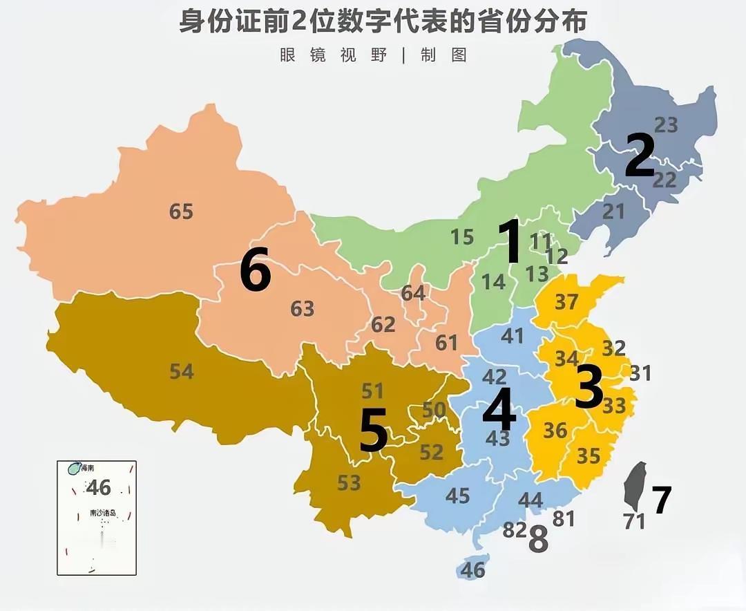 身份证号码是按大区域排列的。1-华北，2-东北，3-华东，4-中南，5-西南，6