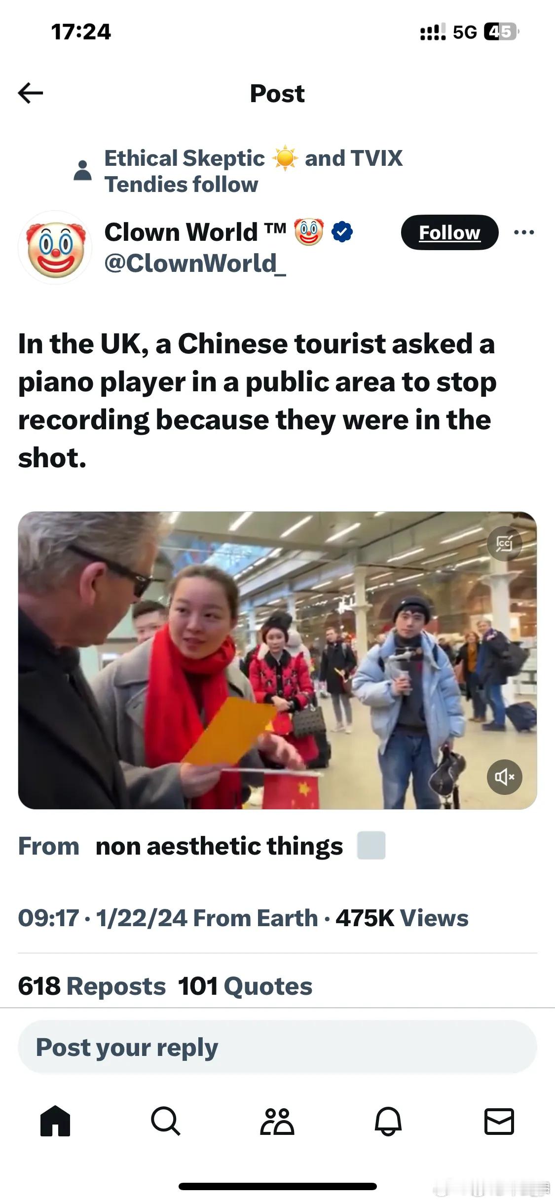 中国女子在英国庆祝新年，在某商场闯入英国钢琴家Bredon直播现场后，以侵犯肖像