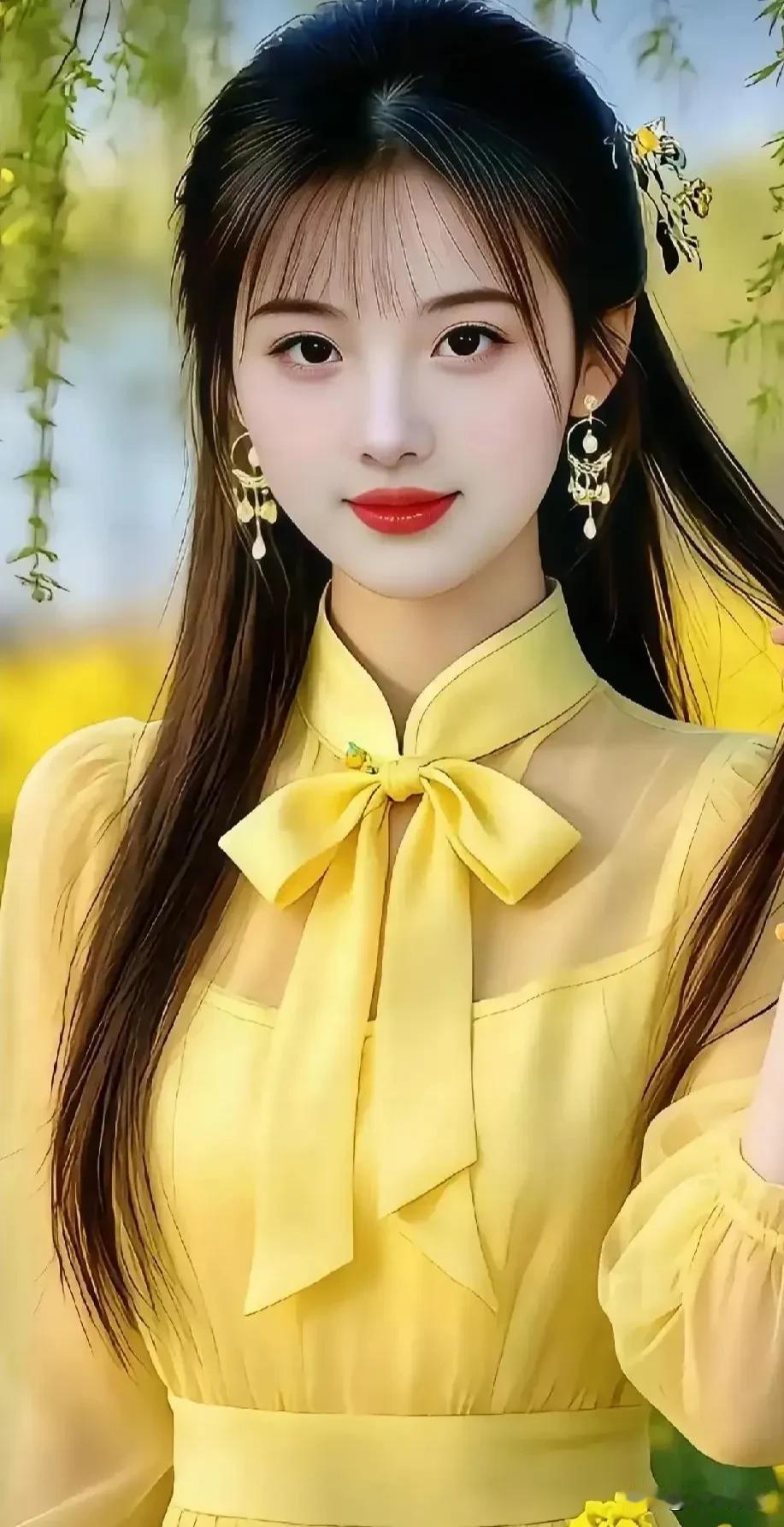 春风袅袅，柳丝依依，一身明媚黄衫，与春日撞个满怀。
国色天姿美女照 绿裙氛围感写
