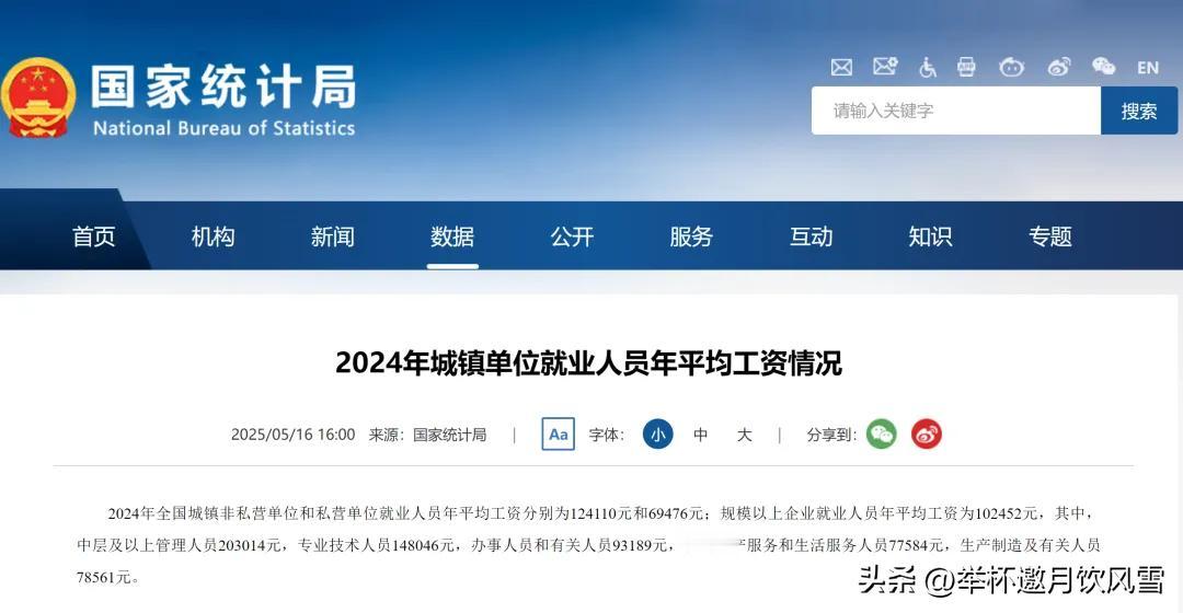 近日，国家统计局发布2024年城镇单位就业人员年平均工资情况，2024年全国城镇
