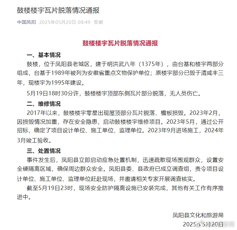 #凤阳鼓楼曾维修去年3月竣工验收#【#官方通报凤阳鼓楼瓦片脱落维修情况#：202
