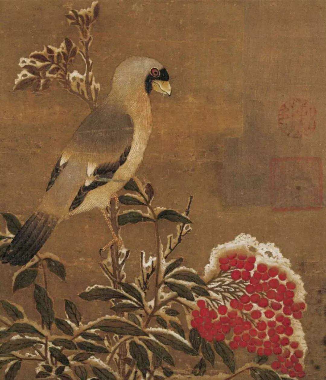 宋 徐熙《天竺黄雀》。徐熙，生于名门世家，却终身不仕，放浪形骸于田野园圃，察花竹
