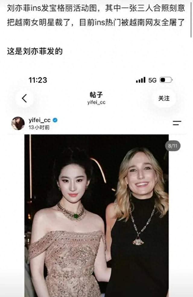 宝格丽晚宴，刘亦菲晒照裁掉越南女星，遭网友怒批：格局小没情商