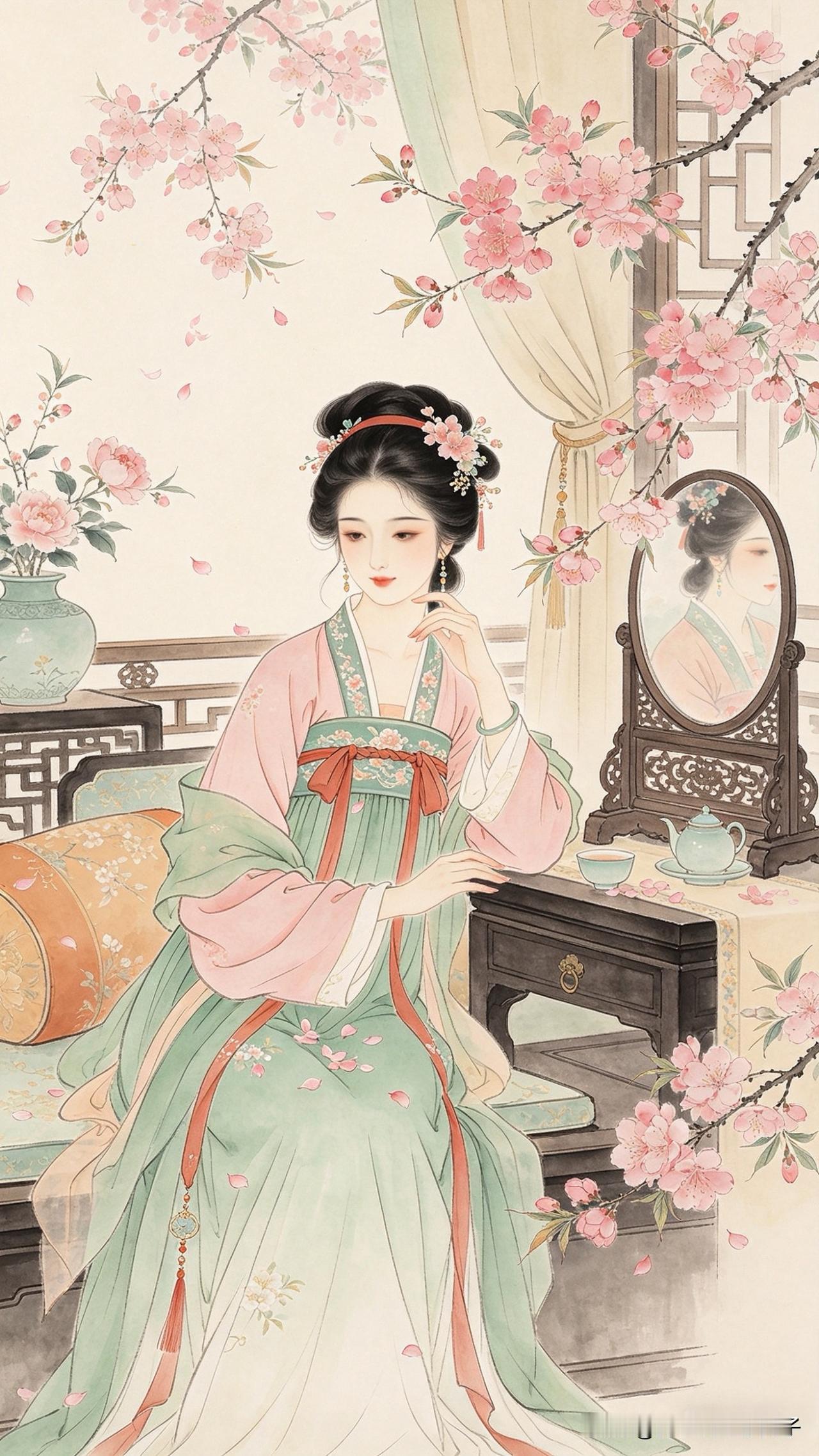 上联：小阁春深，绿衣半掩，桃花拂案，对影自怜眉黛浅
      
上联：绿鬓斜簪
