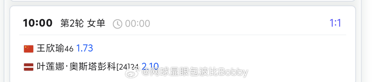 王欣瑜vs奥斯塔彭科 明天赛程出来了赔率1.73🆚2.1（更看好王欣瑜）🎾6