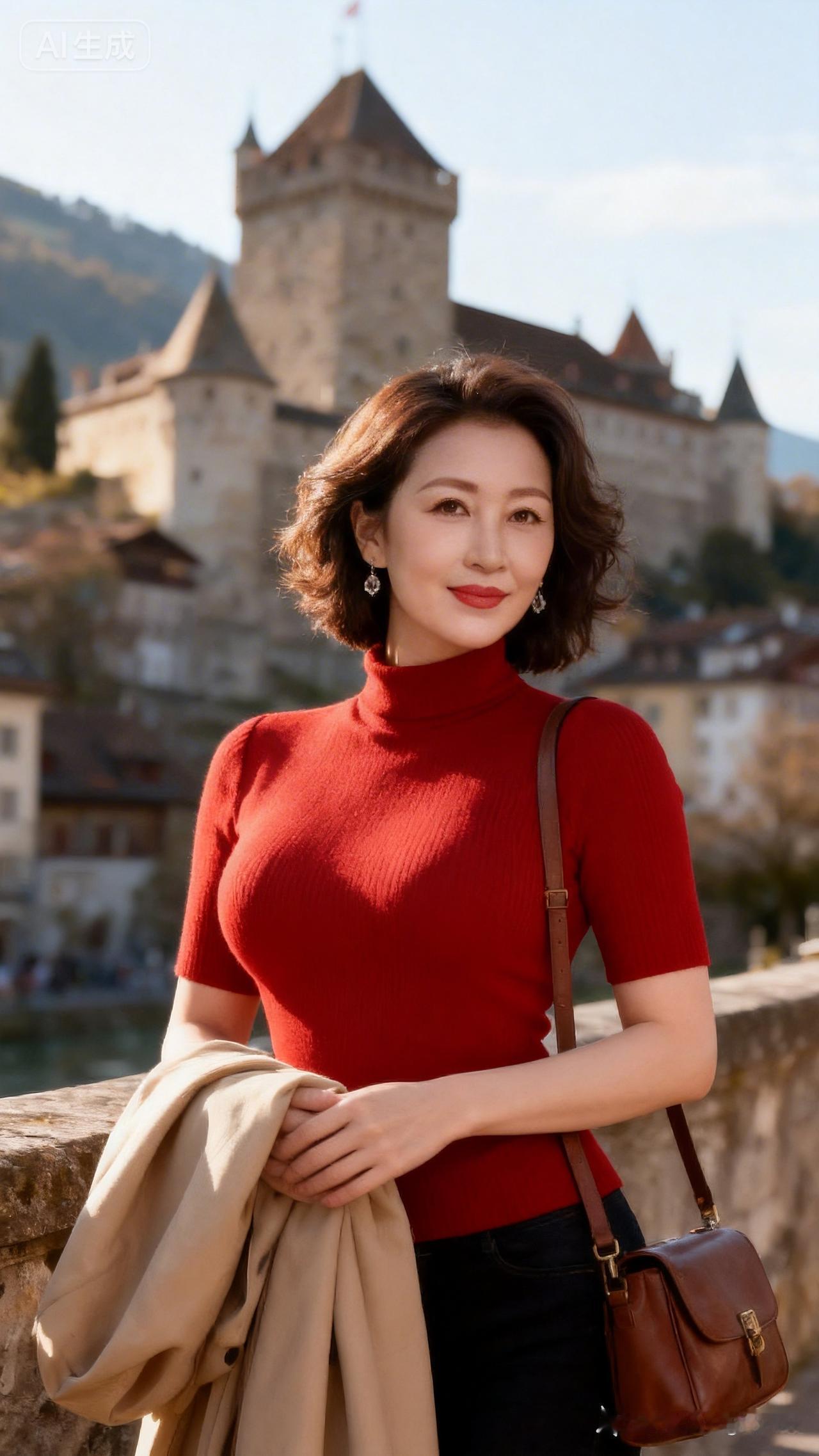 这位女士在城堡前拍照，穿红色高领衫。